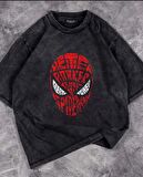 Yıkamalı Spider-Man Head Baskılı Oversize Eskitme T-shirt