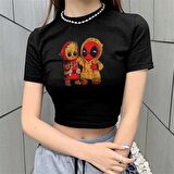 Groot & Deadpool Baskılı Siyah Crop
