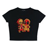Groot & Deadpool Baskılı Siyah Crop
