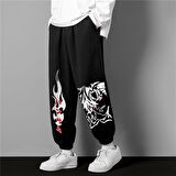 Streetwear Harajuku Anime Boy Baskılı Oversize Unisex Siyah Eşofman Altı