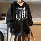 Attack On Titan New Logo Baskılı Oversize Fermuarlı Siyah Unisex Kapüşonlu Hırka