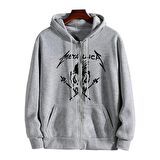 Metallica Skull Baskılı Oversize Fermuarlı Gri Unisex Kapüşonlu Hırka