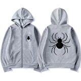 Dangerous Spider Ön-Arka Baskılı Oversize Fermuarlı Gri Unisex Kapüşonlu Hırka