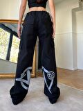 Unisex  Kargo Cepli Lastik Detaylı Siyah Beyaz Baskılı Baggy Jean
