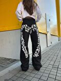 Y2K Newstyle Baskılı Wide Leg Jean Bol Paça Siyah Kot Pantolon