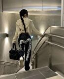 Y2K Newstyle Baskılı Wide Leg Jean Bol Paça Siyah Kot Pantolon