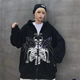 Harajuku Angel Skeleton Fermuarlı Kapşonlu Kalın Hırka