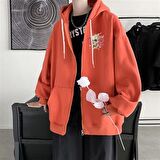 Skull & Roses Baskılı Oversize Fermuarlı Turuncu Unisex Kapüşonlu Hırka