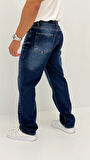 Edna Baggy Denim Koyu Mavi Lazer Detaylı Jean Pantolon
