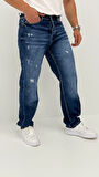 Edna Baggy Denim Koyu Mavi Lazer Detaylı Jean Pantolon