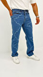 Chain Baggy Denim Orta Mavi Lazer Bakılı Erkek Jean Pantolon