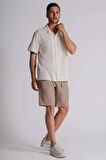 Erkek Yandan Cepli Beli Lastikli Keten Görünümlü Relaxed Fit Chino Şort Vizon
