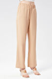 Kadın Keten Görünümlü Yandan Cepli Beli Lastikli Relaxed Fit Pantolon Taş