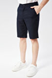 Erkek Beli Yarım Lastikli Keten Görünümlü Pamuk Şort Lacivert
