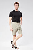 Erkek Beli Lastikli Bağcıklı Keten Karışımlı Slim Fit Jogger Şort Yeşil