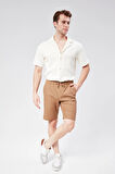 Erkek Beli Lastikli Bağcıklı Pamuk Keten Karışımlı Slim Fit Jogger Şort Vizon