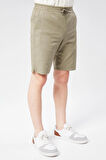 Erkek Beli Lastikli Bağcıklı Pamuk Keten Karışımlı Slim Fit Jogger Şort Haki