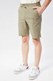Erkek Beli Lastikli Bağcıklı Pamuk Keten Karışımlı Slim Fit Jogger Şort Haki