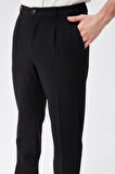 Erkek Beli Yarım Lastikli Pilili Gofre Slim Fit Pantolon Siyah