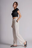 Kadın Çift Pilili Arka Cep Fleto Keten Karışımlı Chino Pantolon Naturel