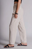 Kadın Çift Pilili Arka Cep Fleto Keten Karışımlı Chino Pantolon Naturel