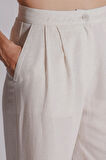 Kadın Çift Pilili Arka Cep Fleto Keten Karışımlı Chino Pantolon Naturel