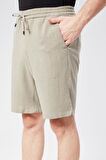 Erkek Beli Lastikli Bağcıklı Keten Karışımlı Slim Fit Jogger Şort Yeşil