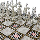 Büyük Boy Metal Yunan Satranç Takımı Parlak ve Katlanır Sedef Desenli MDF Ahşap Satranç Tahtası (43x43 cm.)