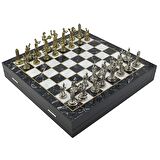 GiftHome Orta Boy Metal Yunan Satranç Takımı Parlak ve Mermer Desenli Sandıklı MDF Tahtası (36x36x6 cm.)
