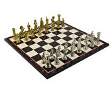 GiftHome Battal Boy Metal İNGİLİZ Satranç Takımı Parlak ve Katlanır Ceviz Desenli MDF Satranç Tahtası (43X43 cm.)