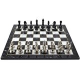 GiftHome Premium Black Metal Klasik Satranç Takımı ve Katlanır Mermer Desenli MDF Tahtası (43X43 cm.)