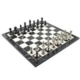 GiftHome Premium Black Metal Klasik Satranç Takımı ve Katlanır Mermer Desenli MDF Tahtası (43X43 cm.)