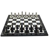 GiftHome Premium Black Metal Klasik Satranç Takımı ve Katlanır Mermer Desenli MDF Tahtası (43X43 cm.)