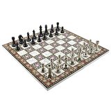 GiftHome Premium Black Metal Klasik Satranç Takımı ve Katlanır Sedef Desenli MDF Tahtası (43X43 cm.)