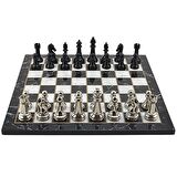 GiftHome Premium Black Metal Klasik Satranç Takımı ve Mermer Desenli Düz MDF Tahtası (37X37 cm.)