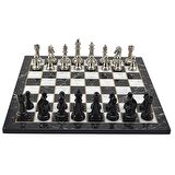 GiftHome Premium Black Metal Klasik Satranç Takımı ve Mermer Desenli Düz MDF Tahtası (37X37 cm.)