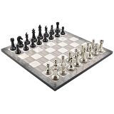 GiftHome Premium Black Metal Klasik Satranç Takımı ve Platin Meşe Desenli MDF Satranç Tahtası (37X37 cm.)