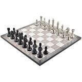 GiftHome Premium Black Metal Klasik Satranç Takımı ve Platin Meşe Desenli MDF Satranç Tahtası (37X37 cm.)