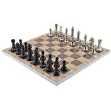 GiftHome Premium Black Metal Klasik Satranç Takımı ve Rustik Ceviz Desenli MDF Satranç Tahtası (37X37 cm.)