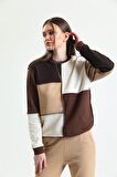 Kahverengi Basic Parçalı Patchwork Sweatshirt