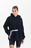 Siyah Kapüşonlu Çift Kanguru Cepli Oversize Sweatshirt 