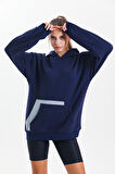 Lacivert Kapüşonlu Çift Kanguru Cepli Oversize Sweatshirt