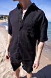 Keten Kumaş Siyah Renk Cep Detaylı Gömlek Şort Erkek Takım