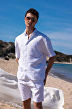 Keten Kumaş Beyaz Renk Cep Detaylı Gömlek Şort Erkek Takım