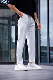 Erkek Beyaz Renk Esnek Likralı Fermuar Detaylı Jogger Pantolon