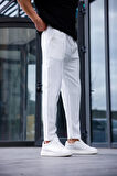 Erkek Beyaz Renk Esnek Likralı Fermuar Detaylı Jogger Pantolon