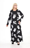 Kısmet Sepeti Kadın Büyük Beden Siyah Palmiye Yaprak Desen Elbise