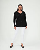 Kadın Siyah Taşlı Desenli V Yaka Düz Kol Siyah Bluz