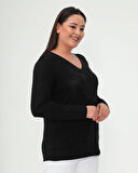 Kadın Siyah Taşlı Desenli V Yaka Düz Kol Siyah Bluz