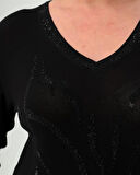 Kadın Siyah Taşlı Desenli V Yaka Düz Kol Siyah Bluz